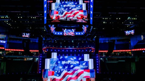 The stage at the Fiserv Forum in Milwaukee, the site of the Republican National Convention, on July 11, 2024. (Kenny Holston/The New York Times)